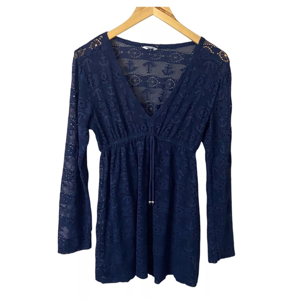 Nautica Sheer Navy Anchor Crochet Swim Coverup Dress Nautical L/S Sz S EUC